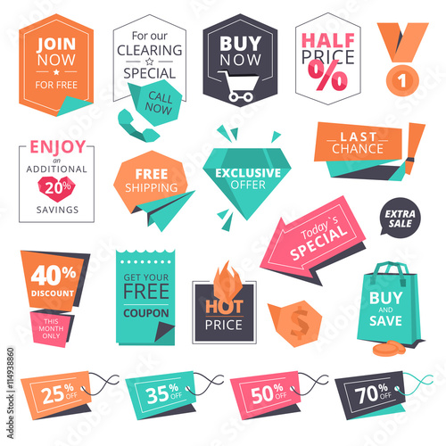 Set of flat design style badges and labels for shopping. Vector illustrations for website and mobile website, product promotion, sale banner template, ads, print material.