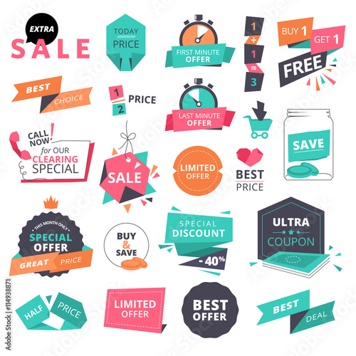 Set of flat design style badges and elements for shopping. Vector illustrations for website and mobile website, product promotion, sale banner template, ads, coupons, print material.