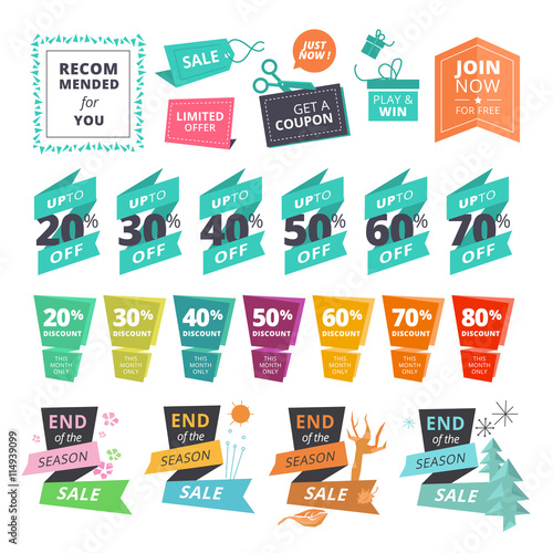 Set of flat design style stickers and ribbons for shopping. Vector illustrations for website and mobile website, product promotion, sale banner template, ads, coupons, print material.