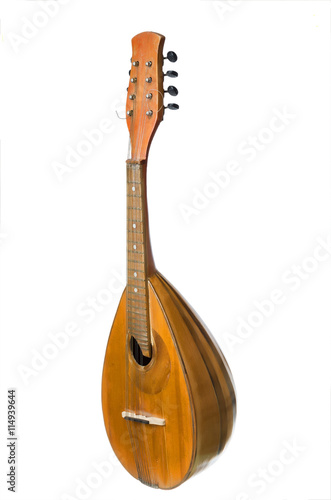 Mandolin on a white background, old musical instrument.