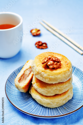 Korean sweet pancakes with nuts topping. Hotteok
