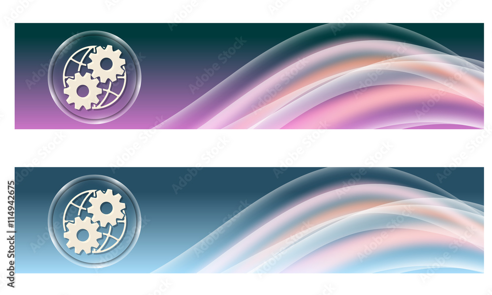 Set of two banners with colored rainbow and cogwheels