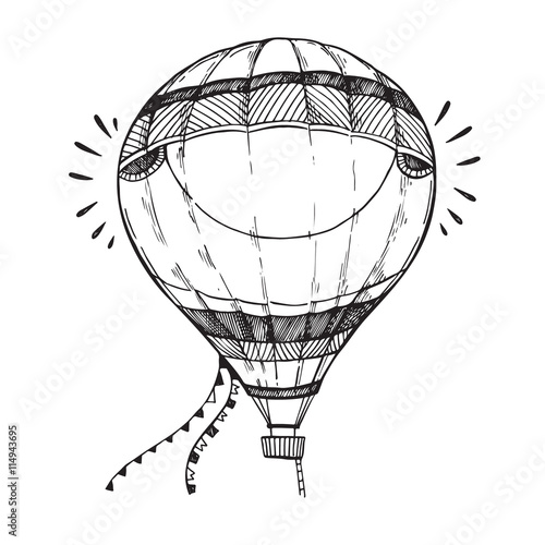 Hand drawn vector illustration - hot air balloon in the sky. Ske