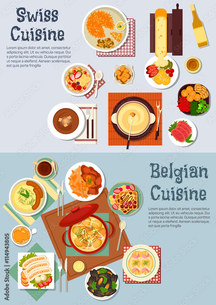 Worldwide popular dishes of swiss, belgian cuisine