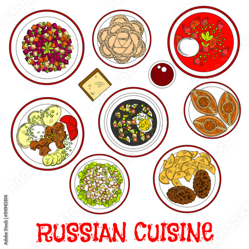 National food and drinks of russian cuisine sketch