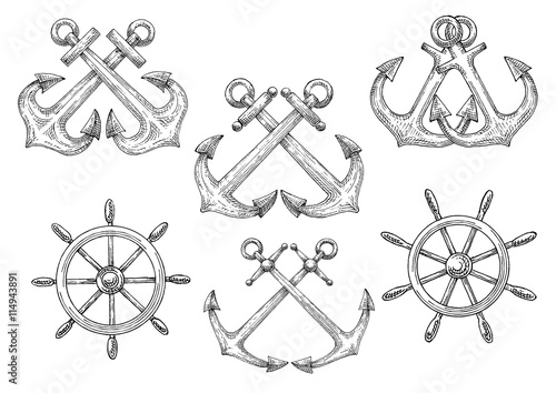 Sailing ships helms and crossed anchors sketches