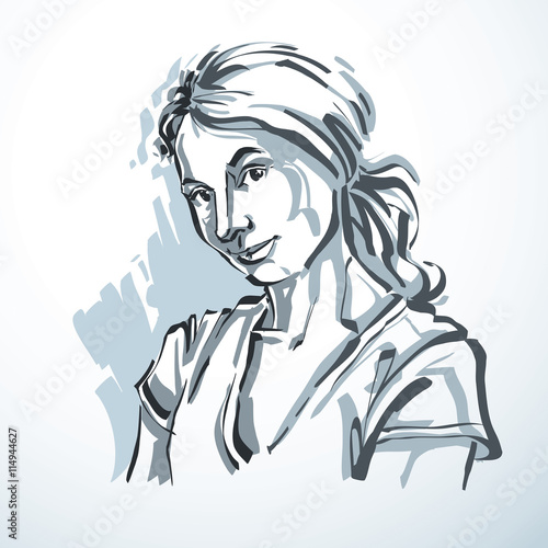 Vector monochrome portrait of attractive dreamy woman, facial ex