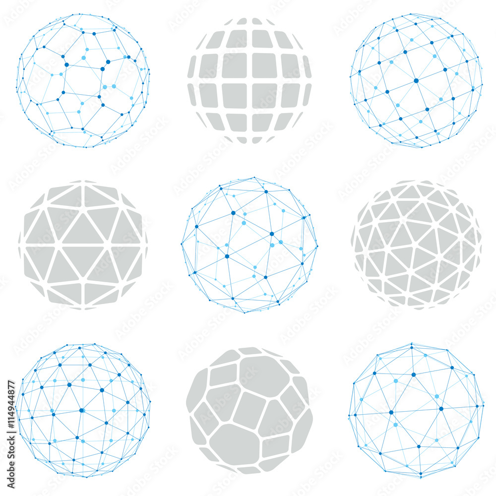Set of vector low poly spherical objects with connected lines an Set of vector low poly spherical objects with connected lines an