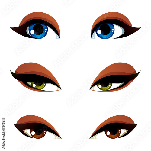 Set of vector blue, brown and green eyes. Female eyes expressing