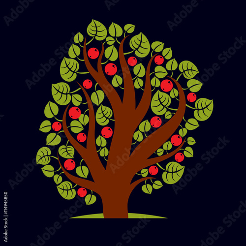 Tree with ripe apples, harvest season theme illustration. Fruitf