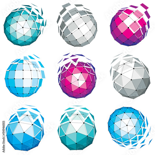 Set of abstract 3d faceted figures with connected lines. Vector