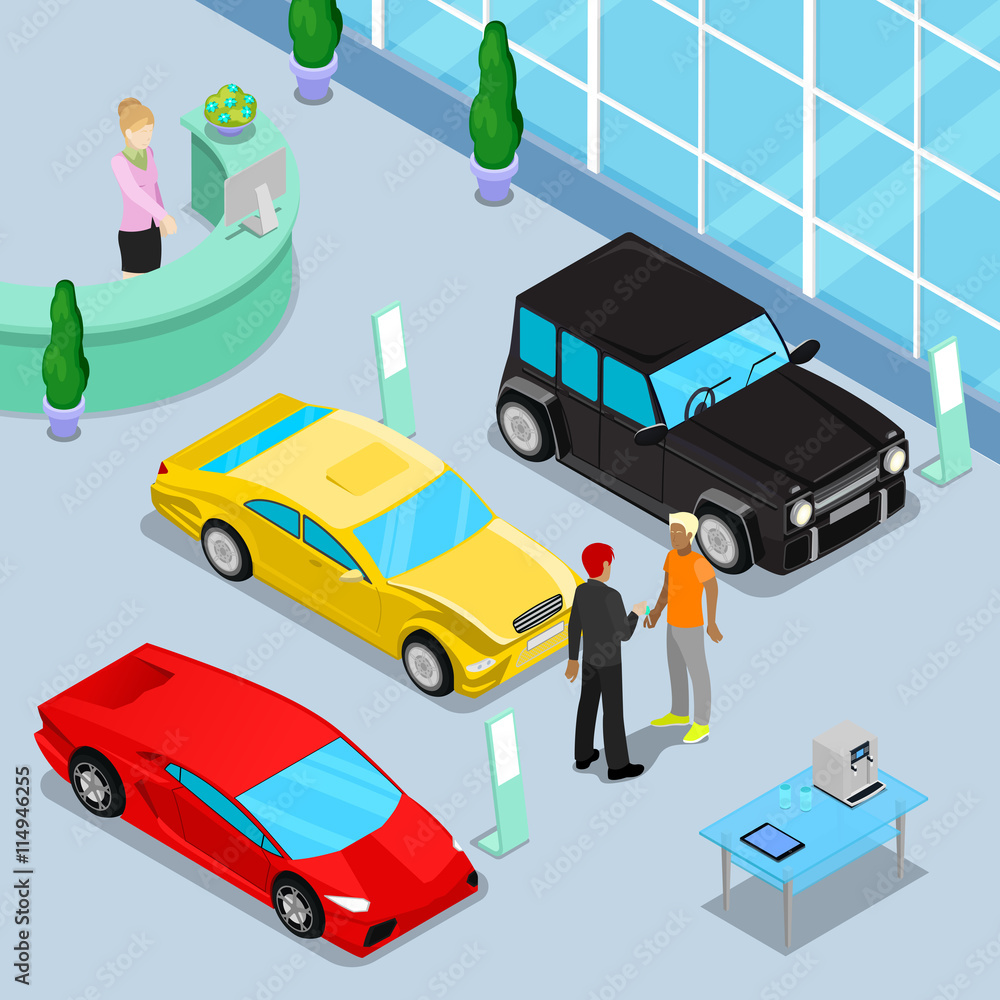 Car Sales Showroom Interior with Offroad Car and Sport Cars. Customer Buying a New Car. Isometric Transport. Vector illustration Car Sales Showroom Interior with Offroad Car and Sport Cars. Customer Buying a New Car. Isometric Transport. Vector illustration