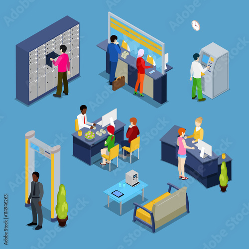 Bank Services Concept. Bank Interior with Clients and Bankers. Isometric People. Vector illustration