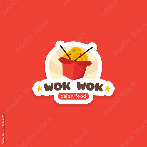 Vector wok in the box logo template. Asian food cafe label.
