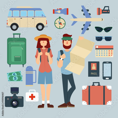 Tourist Man and Woman with Set of Travel Elements. Active People. Vector illustration