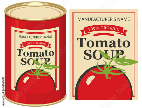 Vector illustration of a tin can with label tomato soup