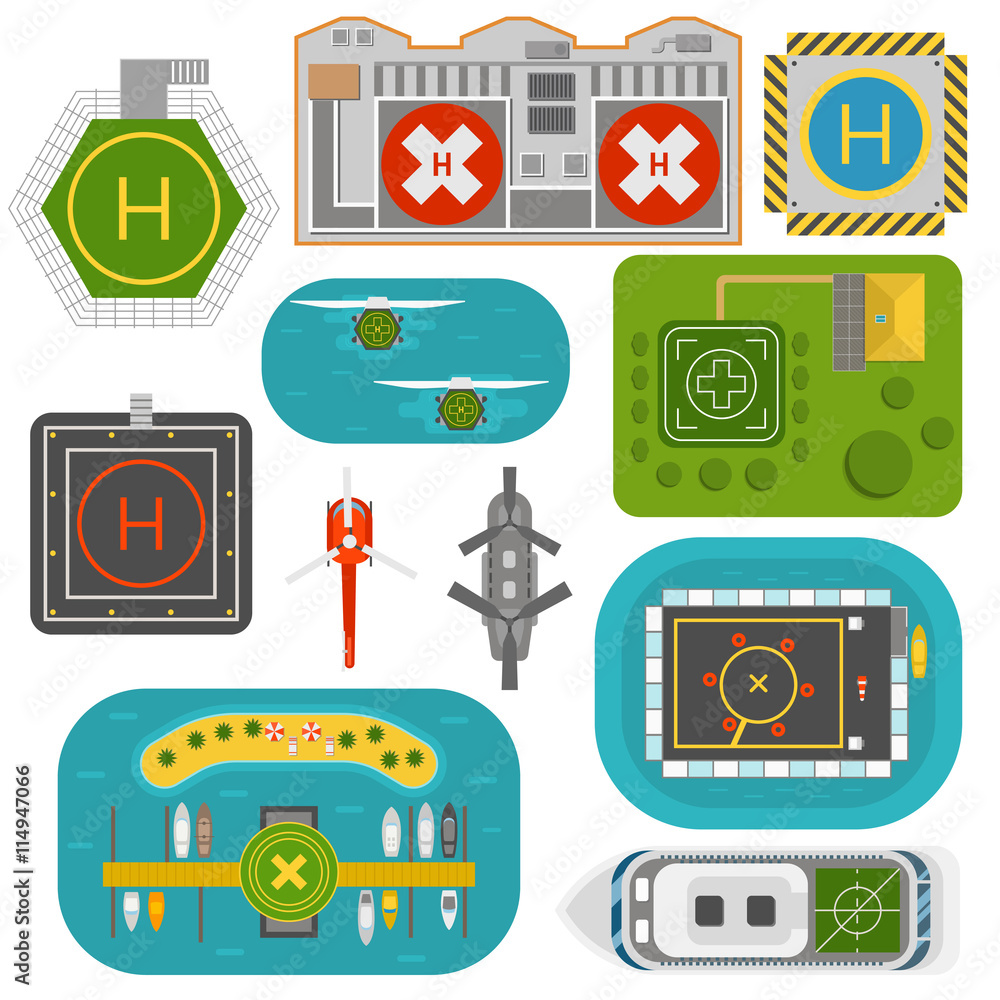 Helicopter landing pad vector set. Pilot transport skyline industry