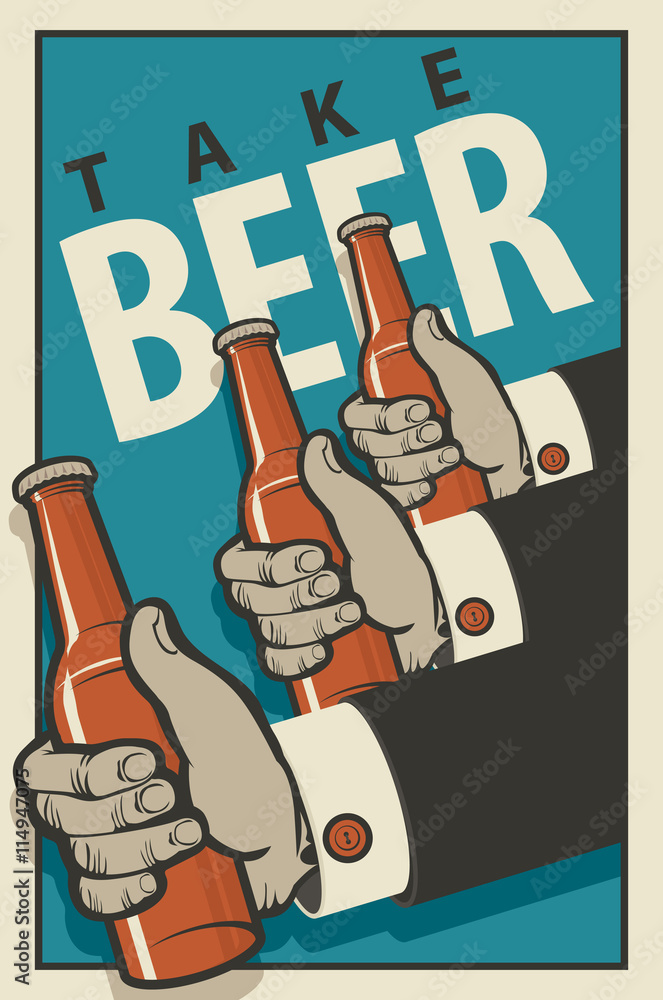 Fotografie, Obraz Three hands with bottles of beer in a retro style on a  blue background | Posters.cz