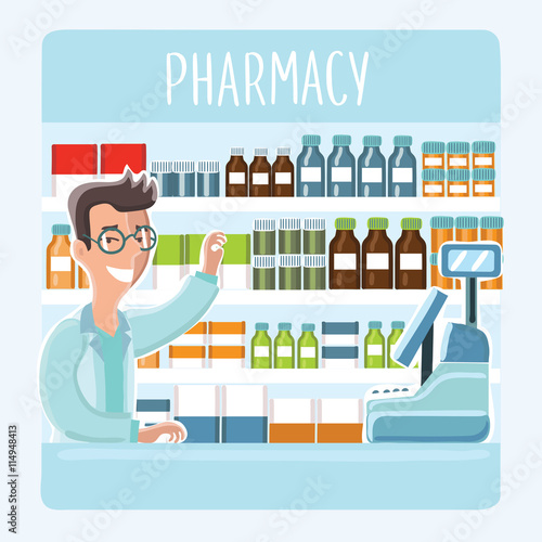Cartoon pharmacist in glasses behind counter