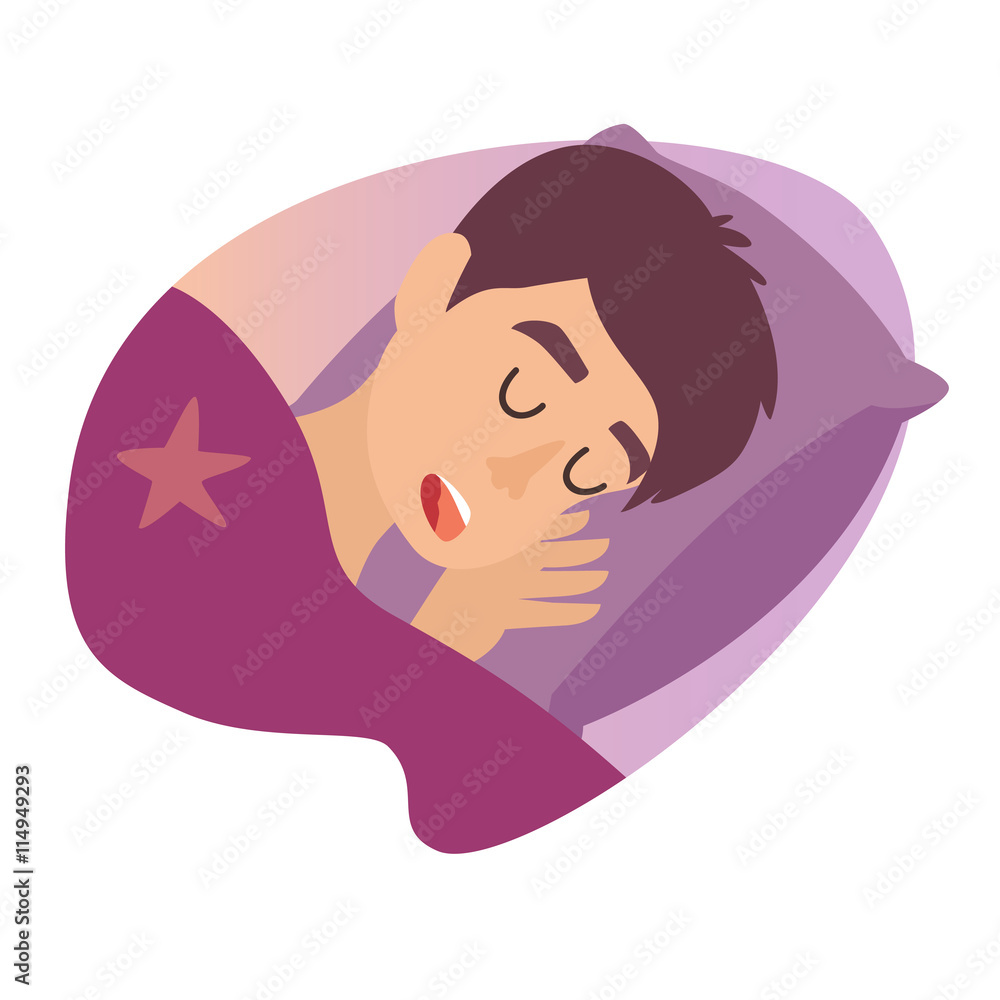 Sleeping man. Cartoon boy at bed. Cartoon character men on pillow. Sweet  dreams. Sleeping man icon. Snoringman. Sleep  illustration on  white  sticker Stock Vector | Adobe Stock