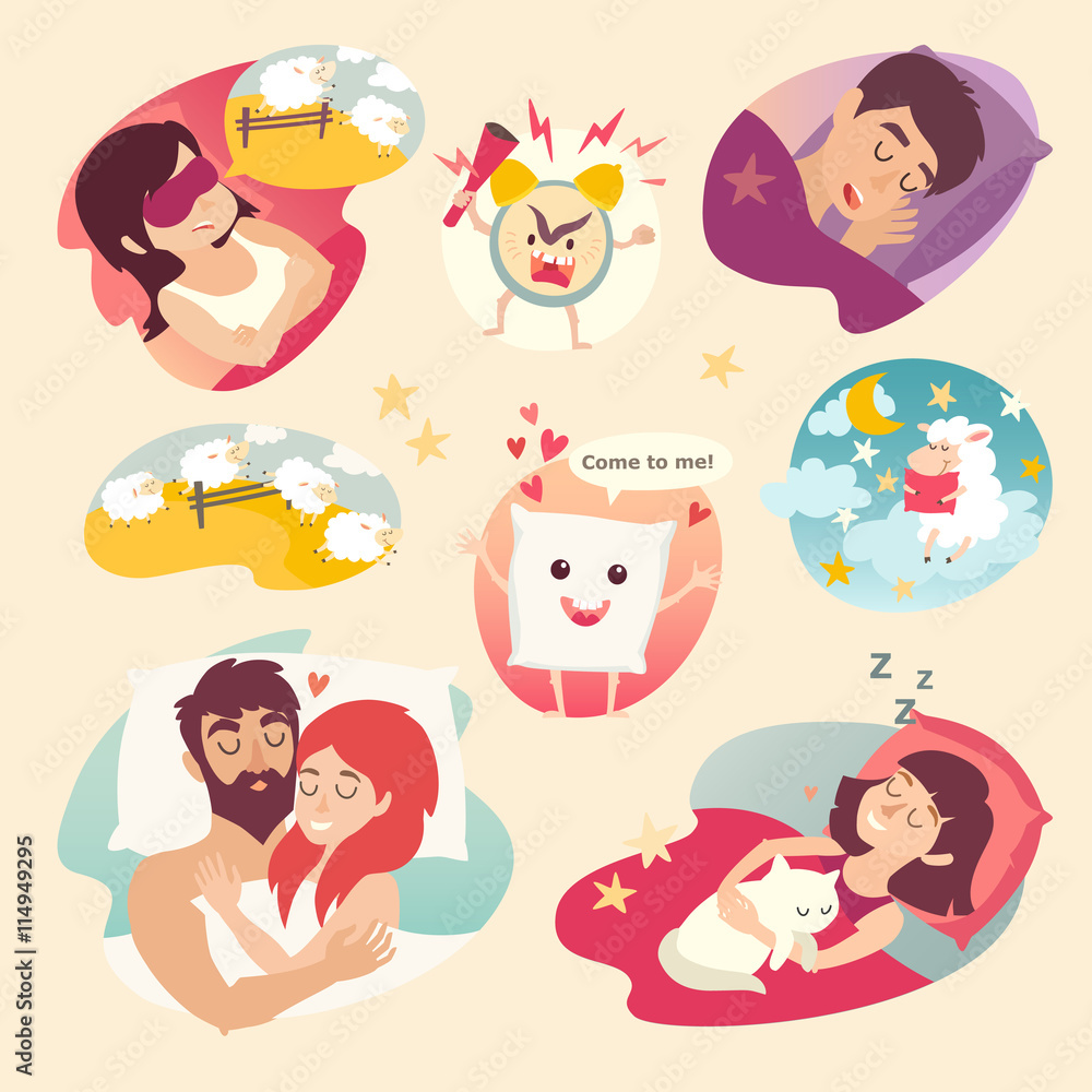 Sleep design concept. Cartoon alarm clock, insomnia, pillow, sleeping boy and girl. Night on bed, sheep and dream. Vector illustration isolated on white