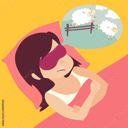 Girl with counting sheep. Stress, problem of sleep, insomnia concept. Cartoon woman in bad. Sheep jumping over the fence. Vector illustration