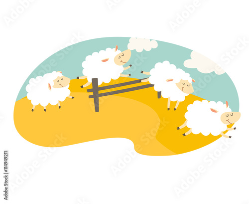 Сounting sheep. Cartoon happy sheep for baby. Cartoon character sheep on meadow. Sweet dreams. Jumping sheep, insomnia. Vector illustration on white background. Flat sticker