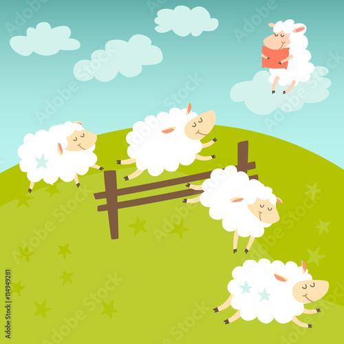 Сounting sheep. Cartoon happy sheep for baby. Cartoon character sheep on meadow. Sweet dreams. Jumping sheep, insomnia. Vector illustration