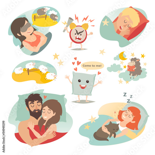 Sleep design concept. Night on bed, sheep and dream. Vector illustration isolated on white