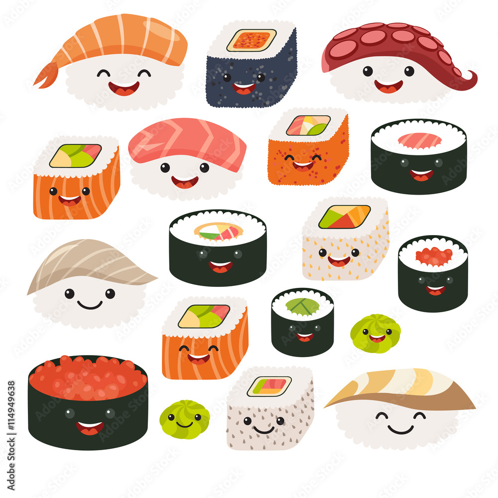Emoji sushi  japanese food. Vector set sushi cartoon  characters. Funny characters sushi. Vector illustration isolated on white  background Stock Vector | Adobe Stock