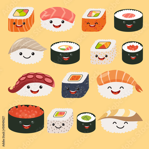 Funny sushi characters. Funny sushi with cute faces. Sushi roll and sashimi set. Happy sushi characters. Sushi roll funny set. Asian food, vector illustration isolated on white background