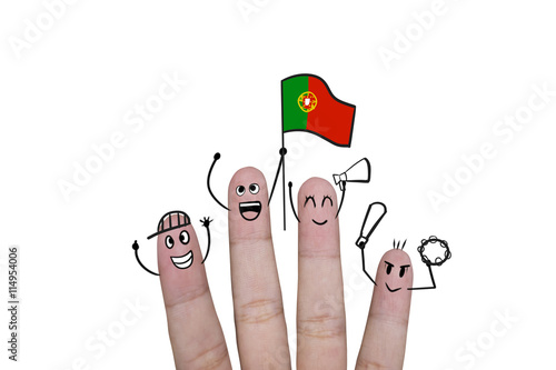 Finger concept cheer up team football with holds up flag Portuga