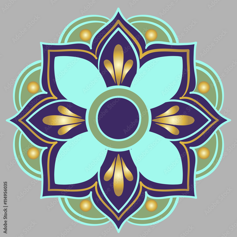 Drawing of a floral mandala in turquoise, blue, green and gold colors on a gray background Drawing of a floral mandala in turquoise, blue, green and gold colors on a gray background