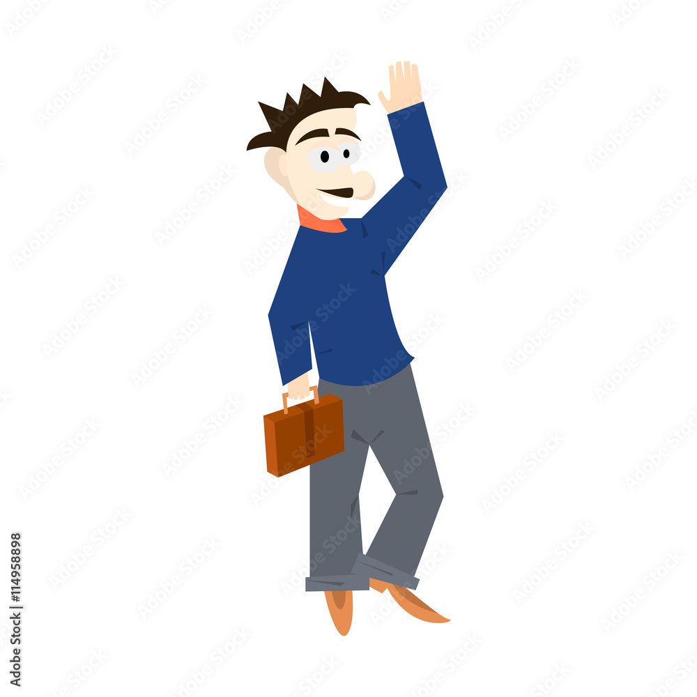 Businessman with a mustache and hand raised cartoon style Businessman with a mustache and hand raised cartoon style
