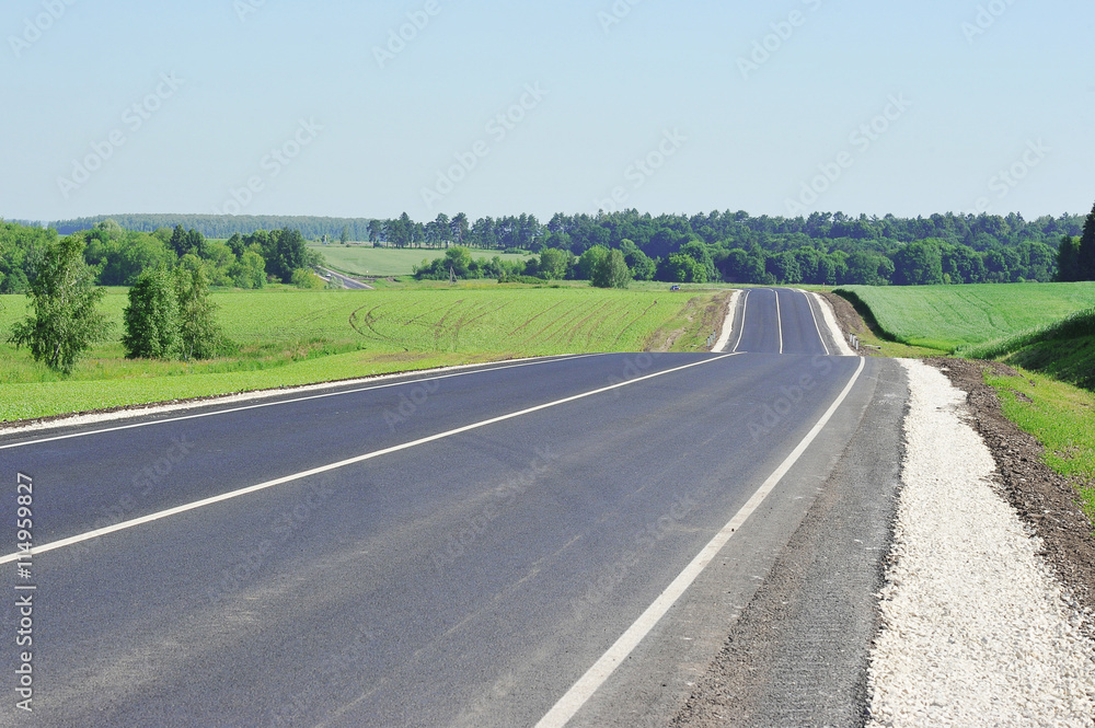 asphalt road through the green field and blue sky in summer day