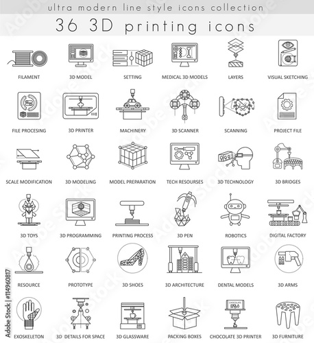 Vector 3D printing ultra modern outline line icons for web and apps.