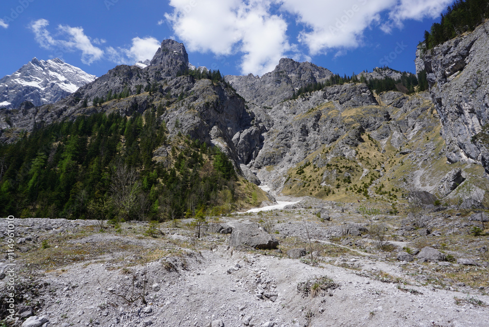 Beautiful rockfall valley of Wimbachgries with blue sky backgrou