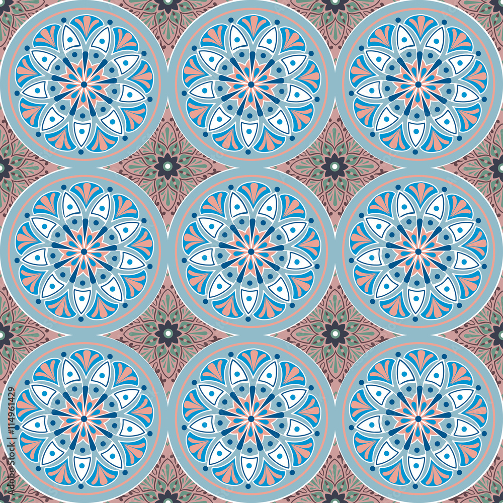 Seamless pattern with ethnic round ornament - mandala in blue, light blue, white and pink color scheme