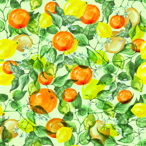 Fototapeta Naklejka Na Ścianę i Meble -      Vintage watercolor pattern - Lemon branch with flowers and leaves. 
Citrus fruits - orange, lime, mandarin