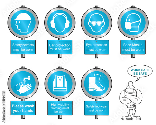 Cyan Health and safety signposts and text