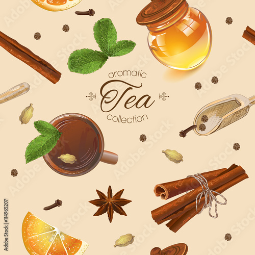 Vector aromatic tea seamless pattern with cinnamon and honey. Background design for tea, honey, natural cosmetics, health care products. Best for textile and wrapping paper. 