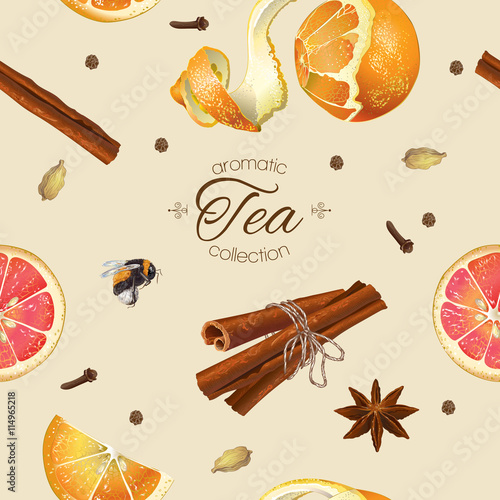Vector aromatic tea seamless pattern with cinnamon and orange. Background design for tea, honey, natural cosmetics, health care products. Best for textile and wrapping paper. 