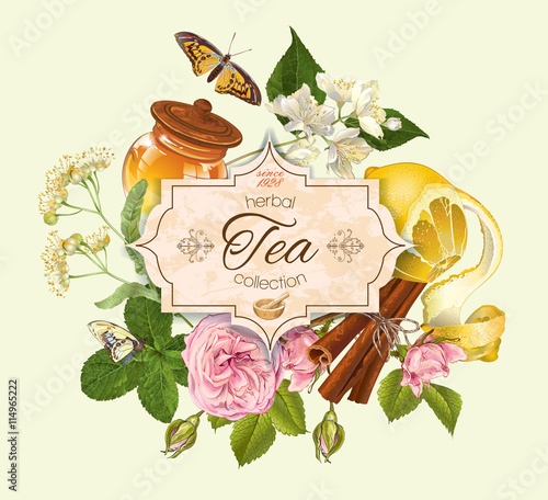 Vector vintage herbal tea banner with lemon, jasmine, linden and rose flowers. Design for tea, natural cosmetics,homeopathy, health care products. Can be used as logo design. 
