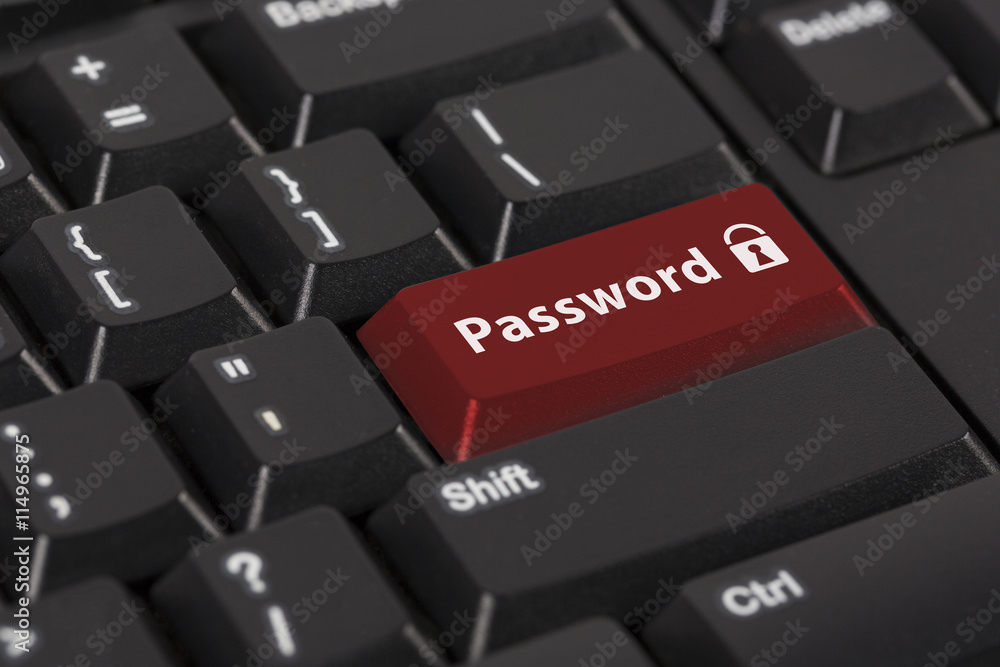 Keyboard with the word password on red button. Keyboard with the word password on red button.