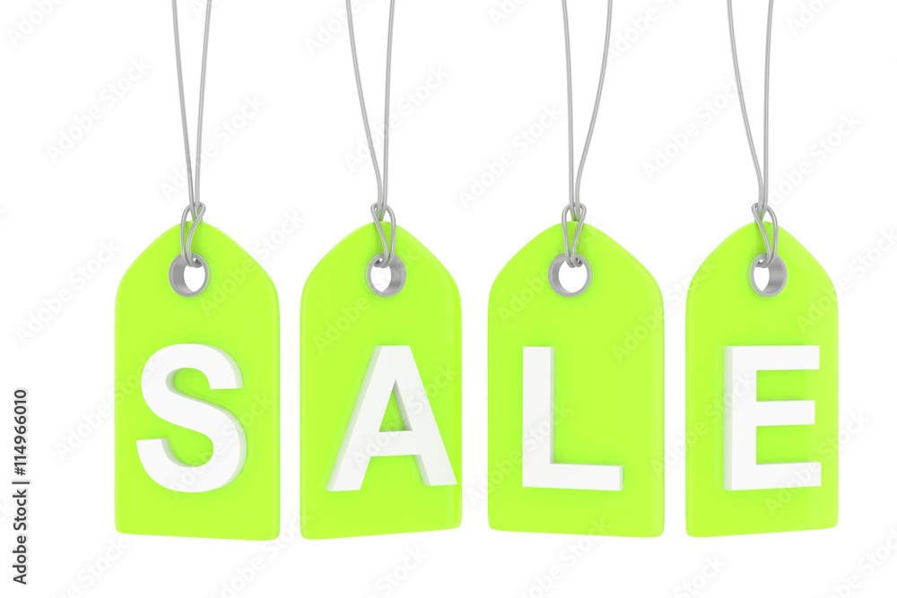 Green isolated sale labels on white background. Price tags. Special offer and promotion. Store discount. Shopping time. 3D rendering.
