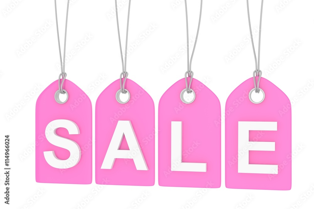 Pink isolated sale labels on white background. Price tags. Special offer and promotion. Store discount. Shopping time. 3D rendering.