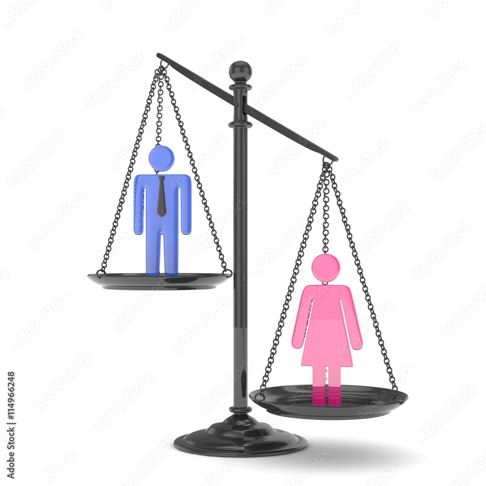 Isolated old fashioned pan scale with man and woman on white background. Gender inequality. Female is heavier. Law issues. Colorful model. 3D rendering. Isolated old fashioned pan scale with man and woman on white background. Gender inequality. Female is heavier. Law issues. Colorful model. 3D rendering.