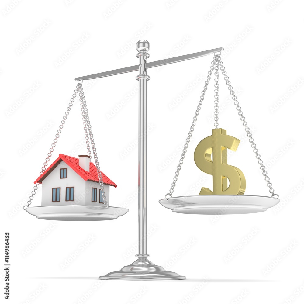 Isolated silver scales with golden dollar and house on white background. Investment or savings concept. Real estate and currency. 3D rendering. Isolated silver scales with golden dollar and house on white background. Investment or savings concept. Real estate and currency. 3D rendering.