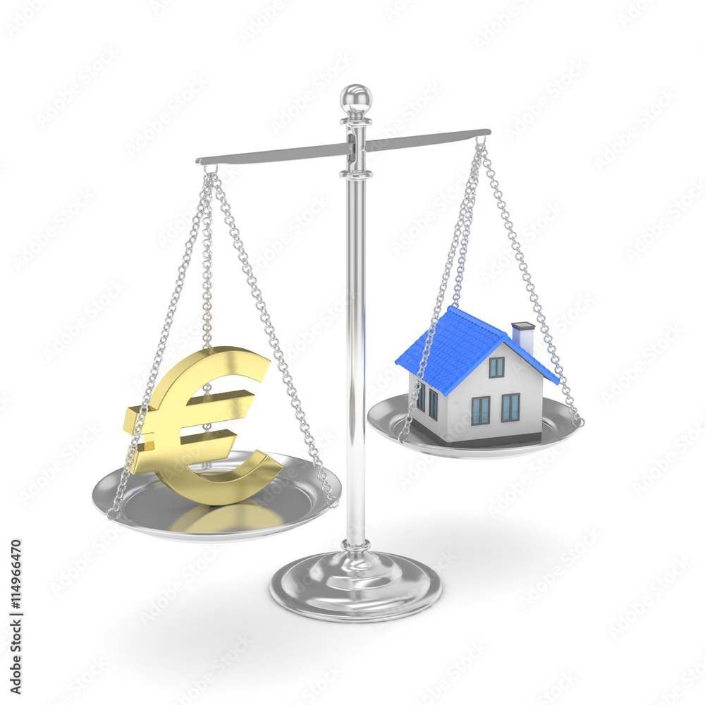 Isolated silver scales with golden euro and house on white background. Investment or savings concept. Real estate and currency. 3D rendering. Isolated silver scales with golden euro and house on white background. Investment or savings concept. Real estate and currency. 3D rendering.