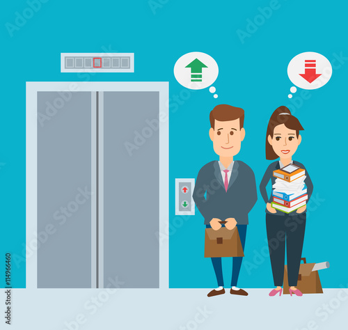 businessman and businesswoman waiting elevator concept illustration